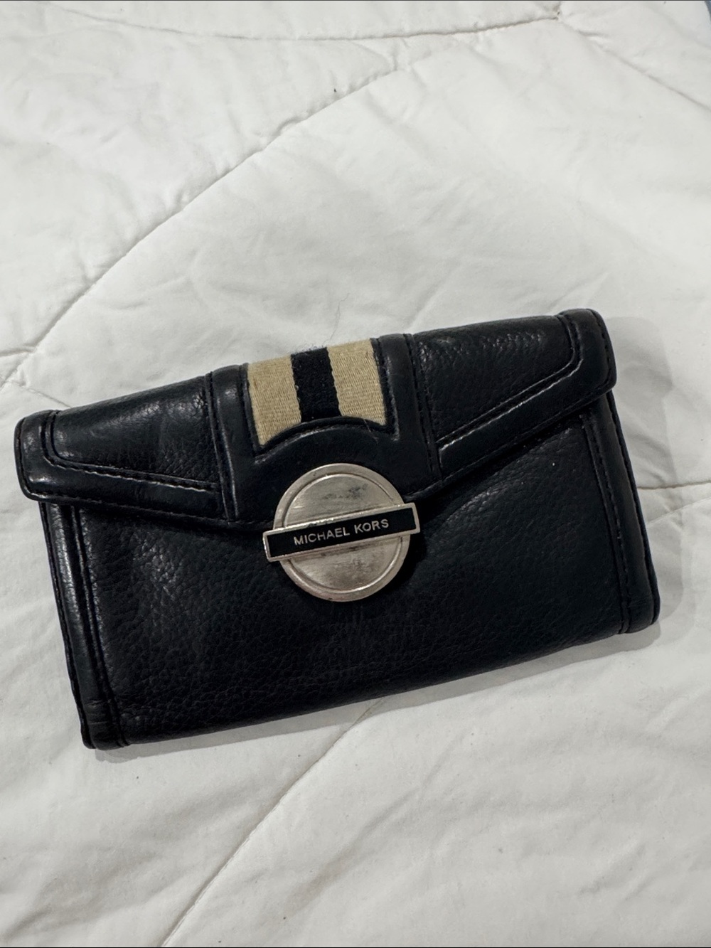 Michael Kors Black Leather Compact Wallet with Stripe Accent